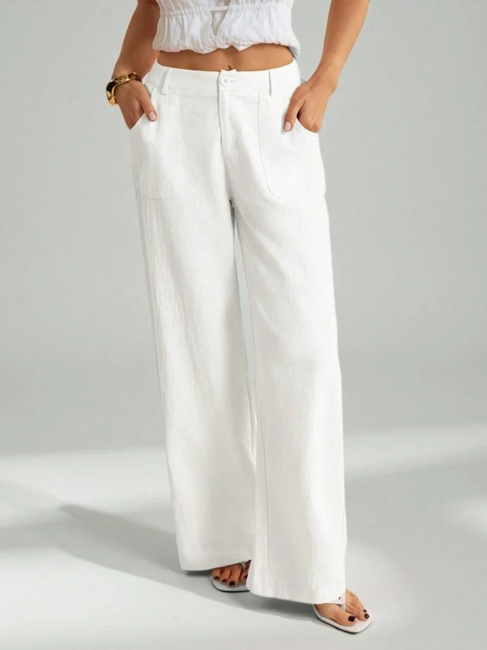 White Casual Women's Washed Low Waist Straight Pants - Picture 6 of 8